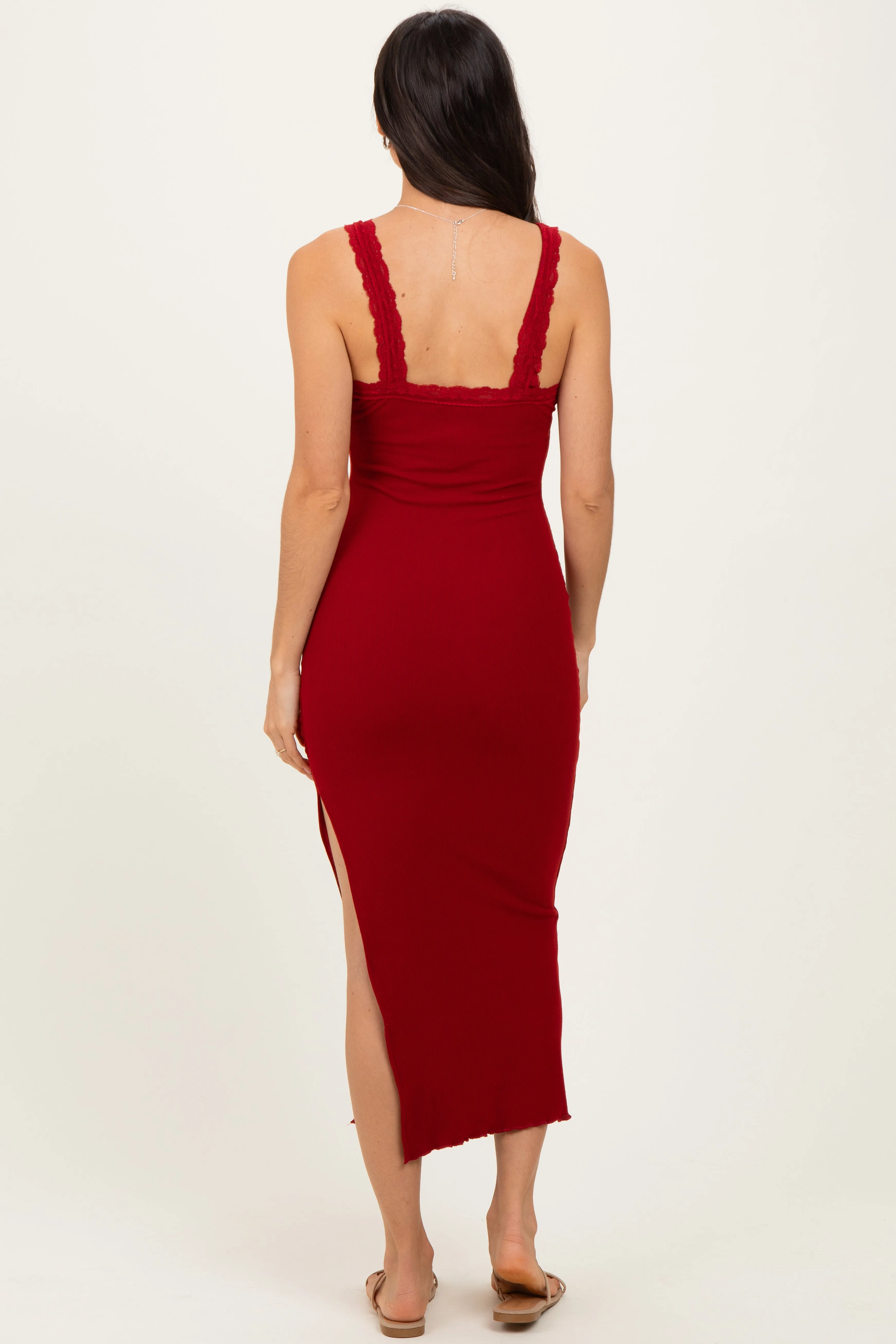 Burgundy Lace Trim Side Slit Tank Dress sold by Pinkblush product image thumbnail 4