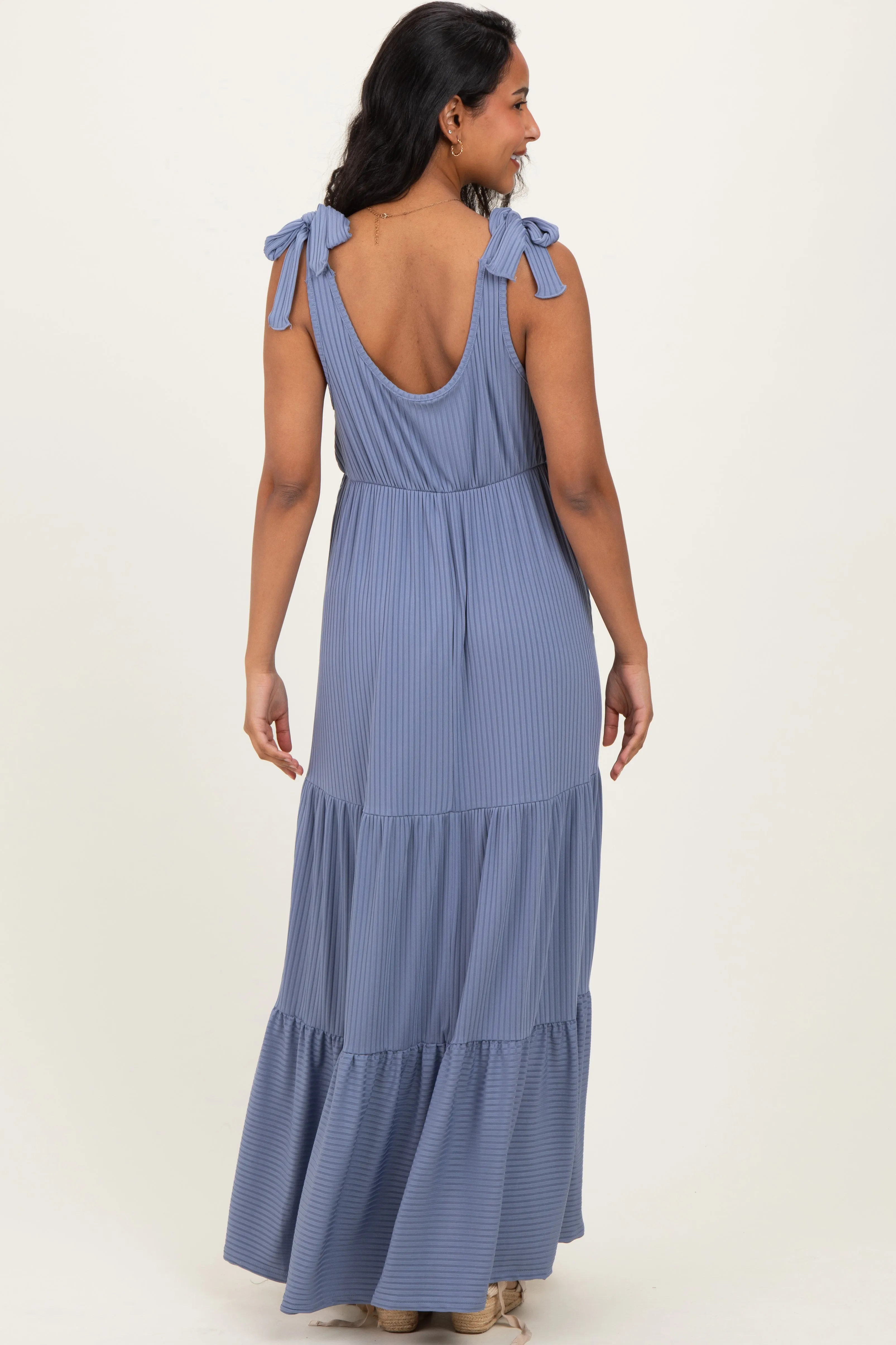 Blue Shoulder Tie Ribbed Tiered Maternity Maxi Dress sold by Pinkblush product image thumbnail 3