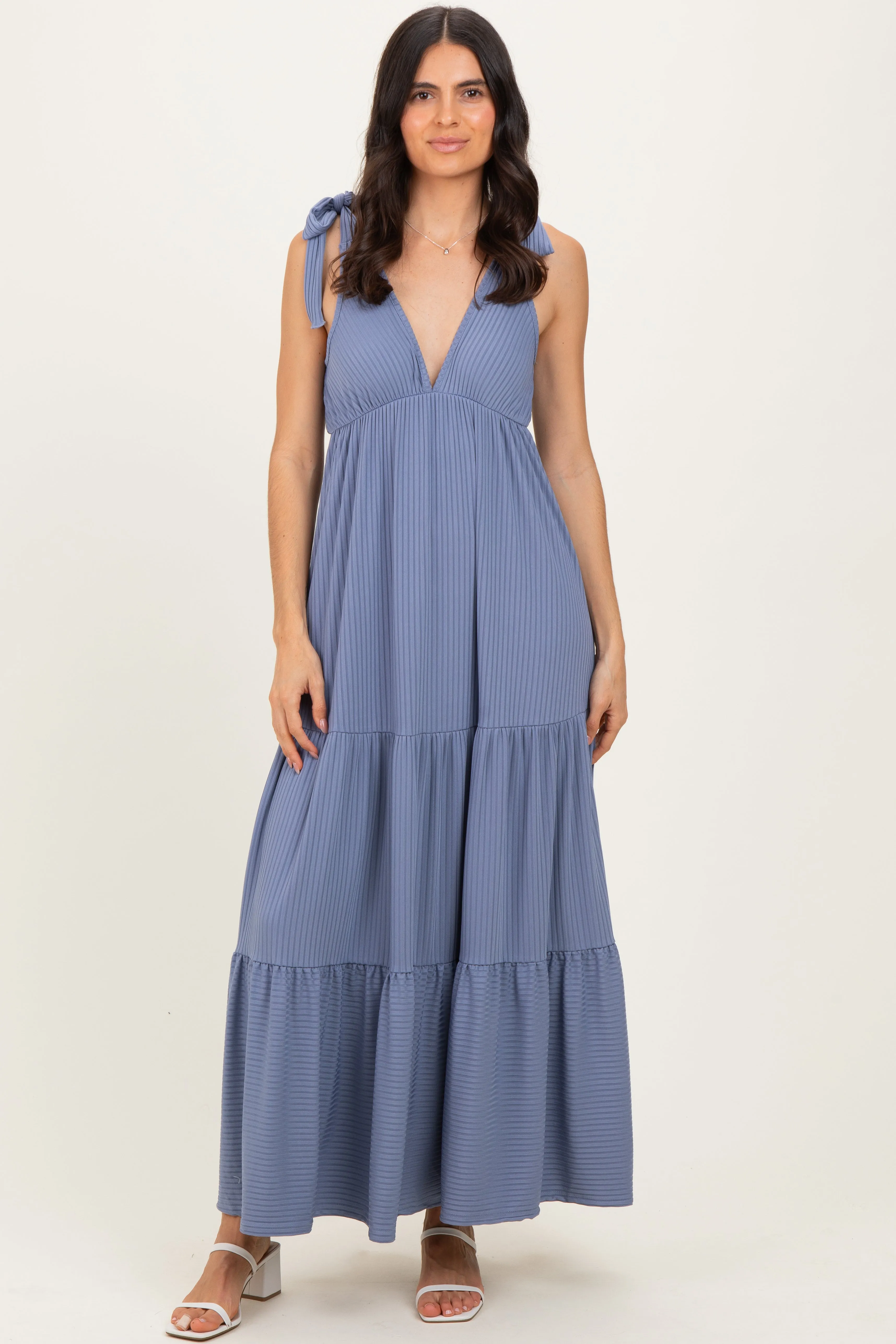 Blue Shoulder Tie Ribbed Tiered Maternity Maxi Dress sold by Pinkblush product image thumbnail 4