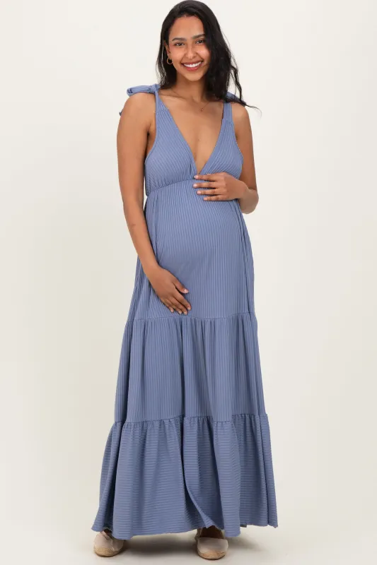 Blue Shoulder Tie Ribbed Tiered Maternity Maxi Dress sold by Pinkblush