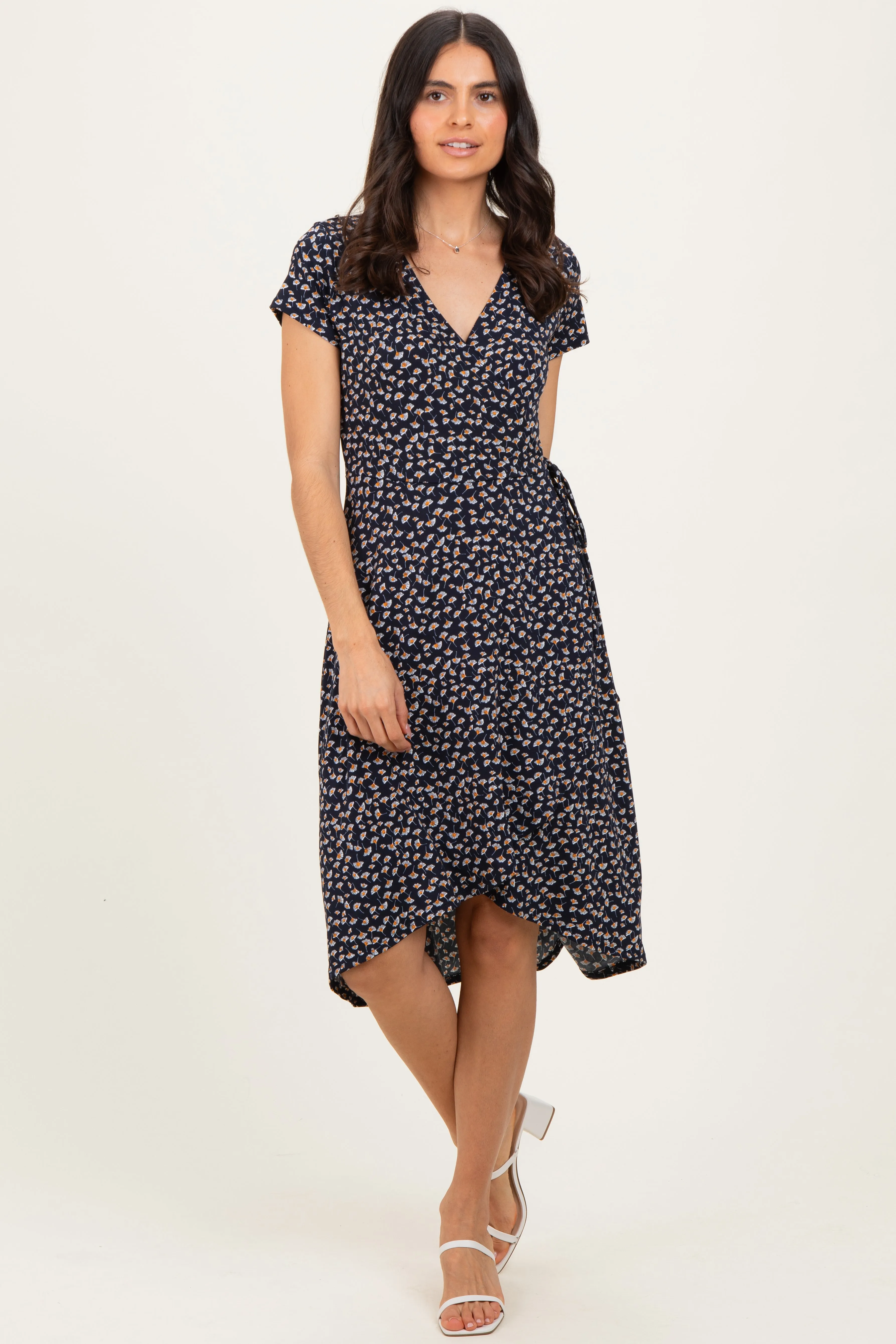 Navy Printed V-Neck Midi Wrap Dress sold by Pinkblush