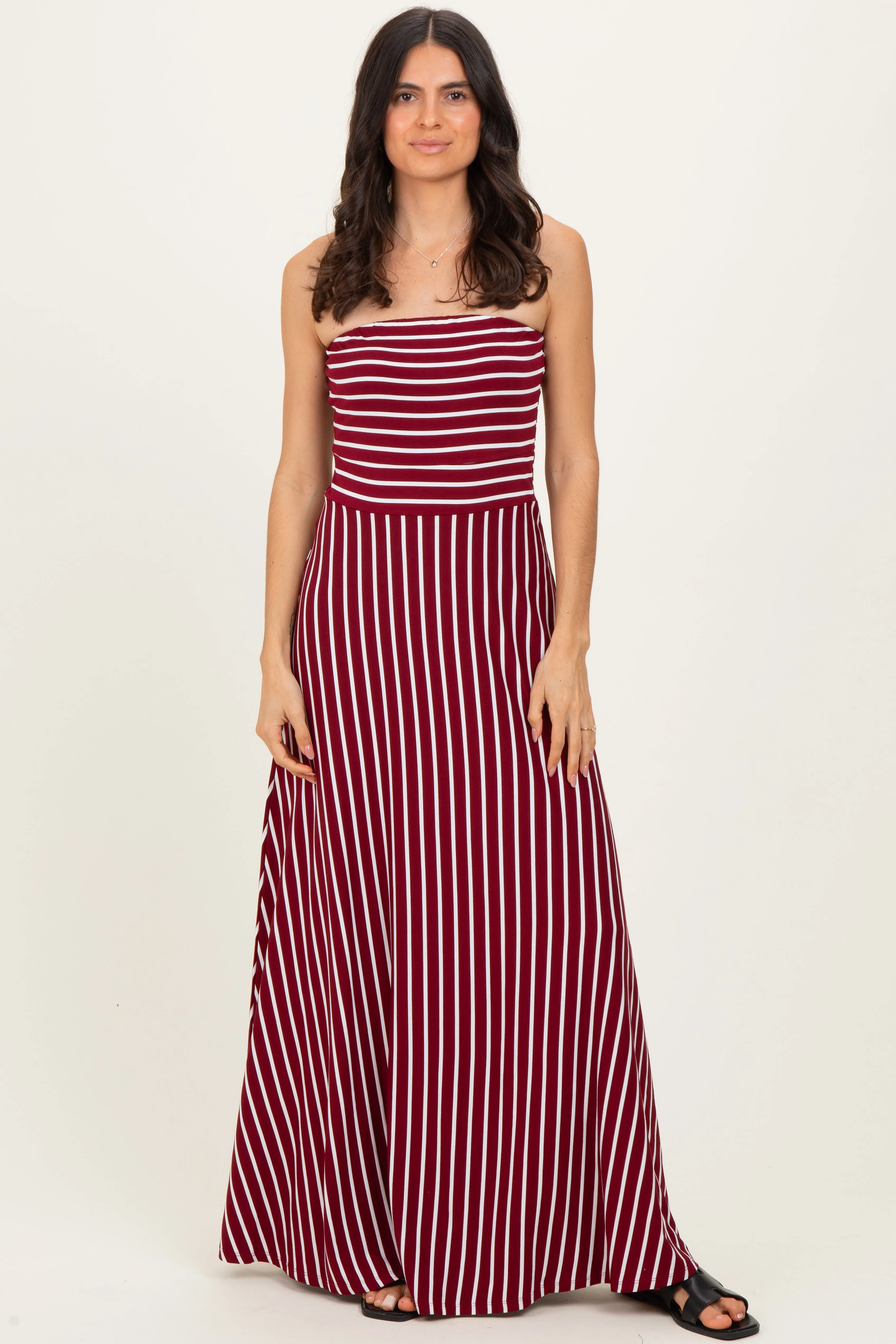 Wine Striped Strapless Maxi Dress sold by Pinkblush