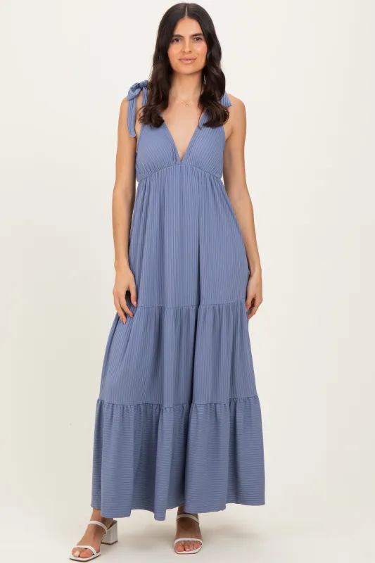 Blue Shoulder Tie Ribbed Tiered Maxi Dress made by Pinkblush