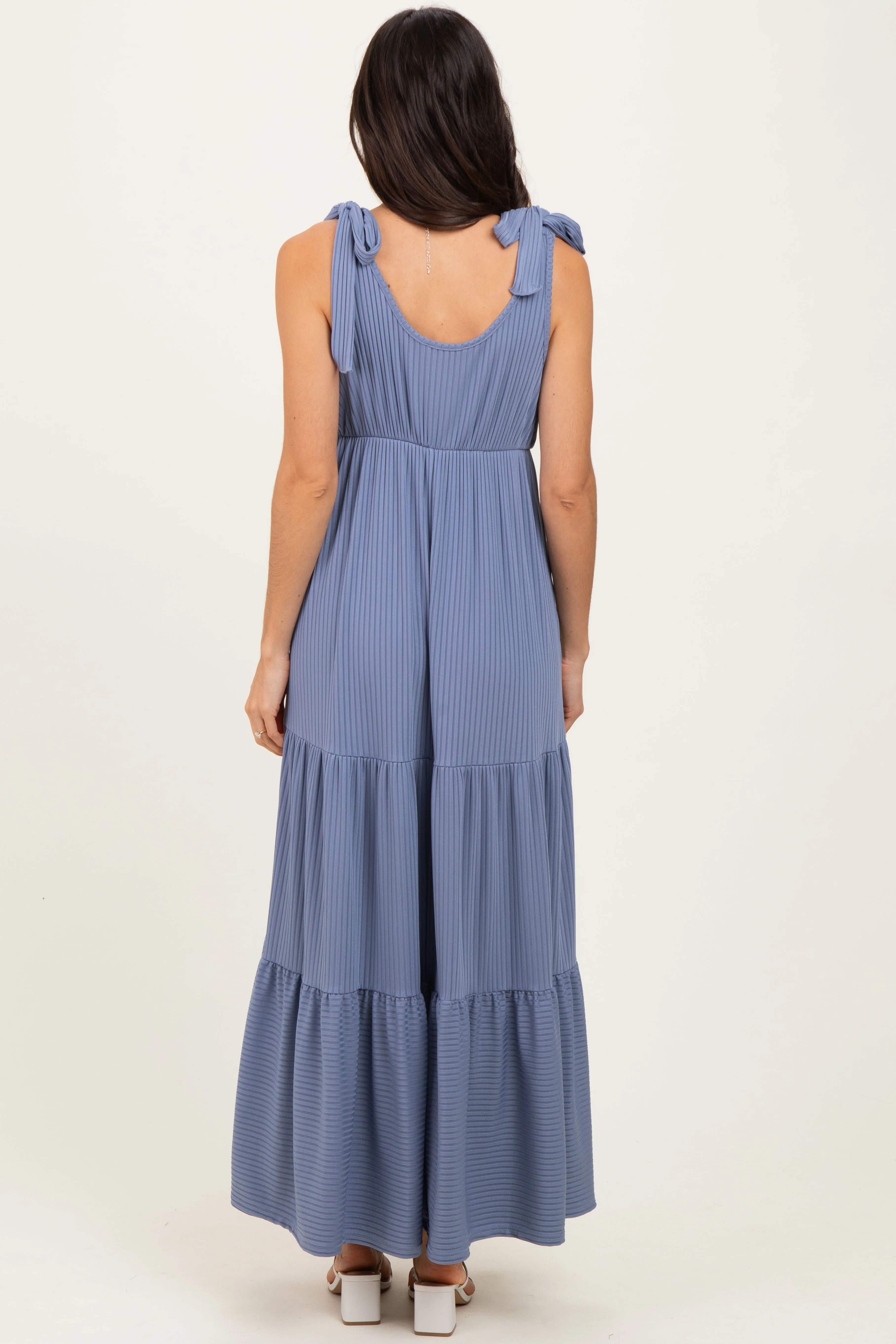 Blue Shoulder Tie Ribbed Tiered Maxi Dress sold by Pinkblush product image thumbnail 4