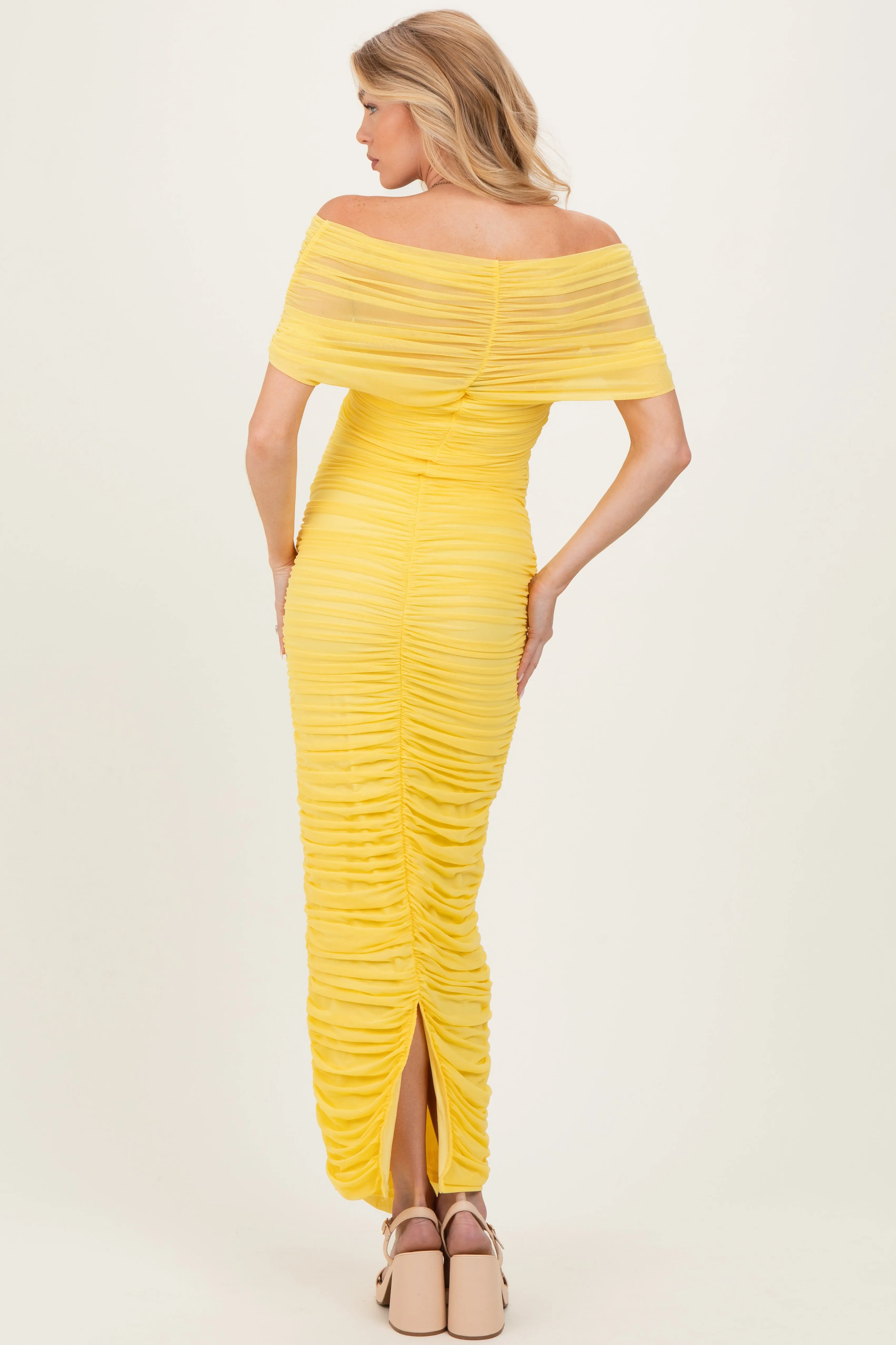 Lemon Ruched Mesh Foldover Off Shoulder Maternity Maxi Dress sold by Pinkblush product image thumbnail 3