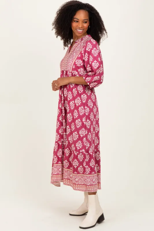 Pink Floral Contrast Print 3/4 Sleeve Midi Dress made by Umgee