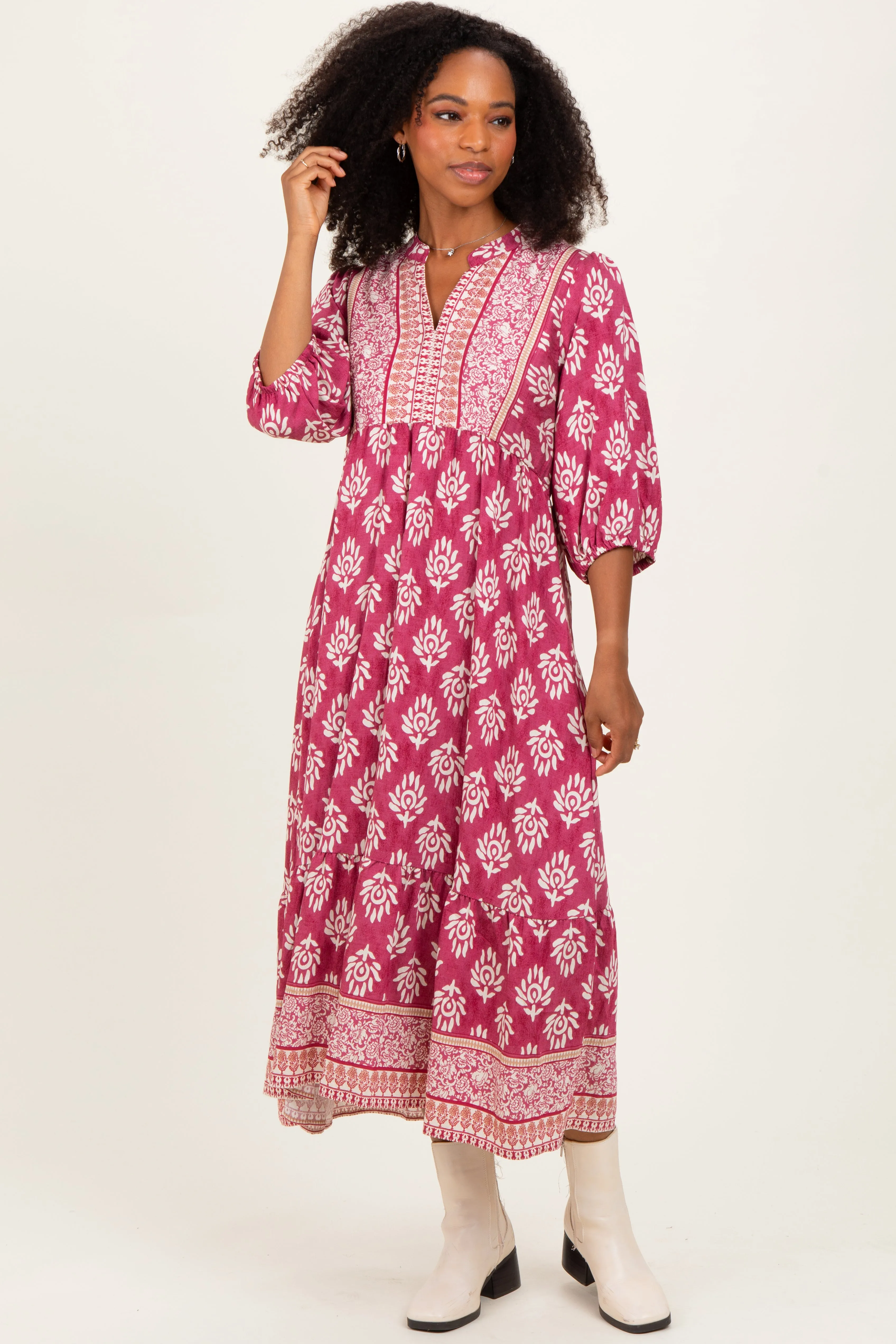 Pink Floral Contrast Print 3/4 Sleeve Midi Dress sold by Pinkblush product image thumbnail 2