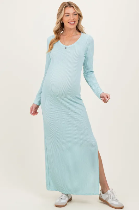 Mint Ribbed Long Sleeve Side Slit Maternity Maxi Dress sold by Pinkblush