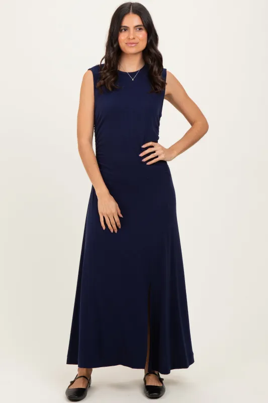 Navy Side Slit Ruched Sleeveless Midi Dress sold by Pinkblush