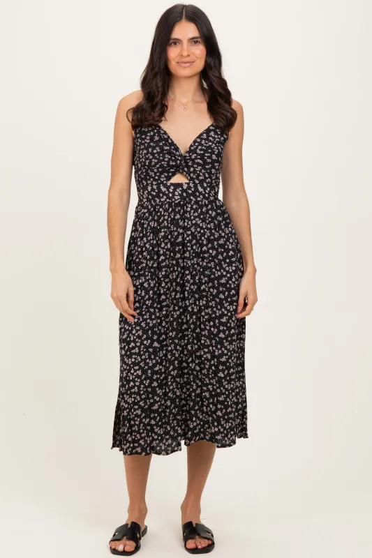Black Floral Twisted Front Midi Dress sold by Pinkblush