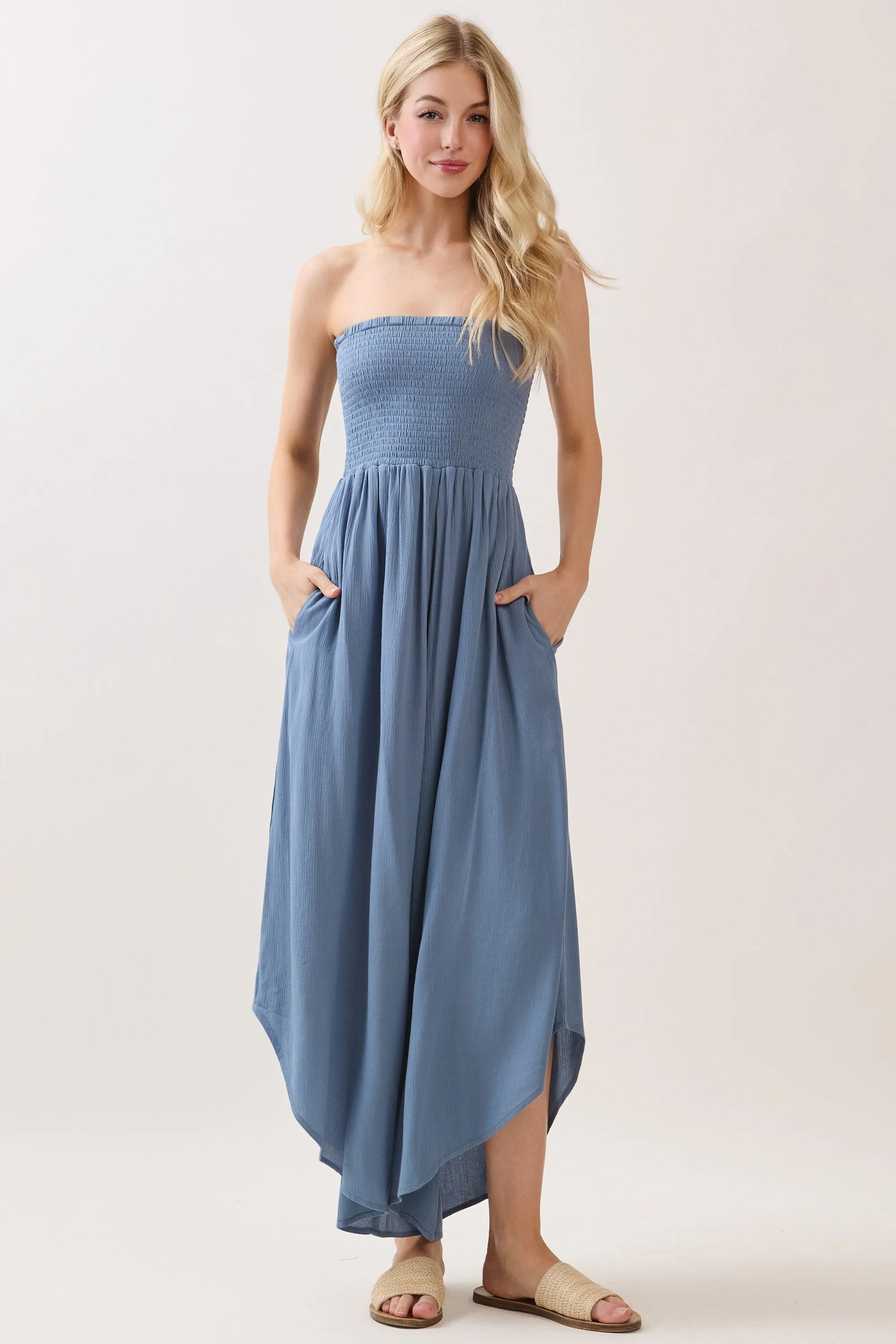 Blue Smocked Strapless Tulip Leg Maternity Jumpsuit sold by Pinkblush product image thumbnail 4
