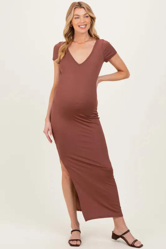 Brown Basic Ribbed Side Slit Maternity Midi Dress sold by Pinkblush