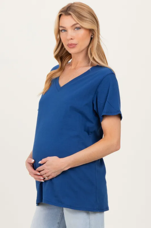 Navy Oversized V-Neck Short Sleeve Maternity Tee sold by Pinkblush