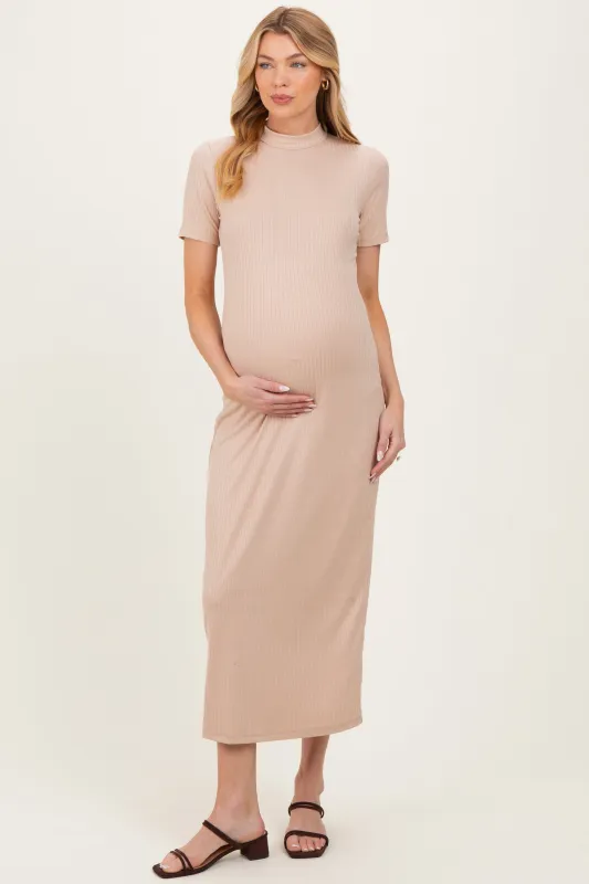 Taupe Ribbed Mock Neck Short Sleeve Maternity Midi Dress sold by Pinkblush