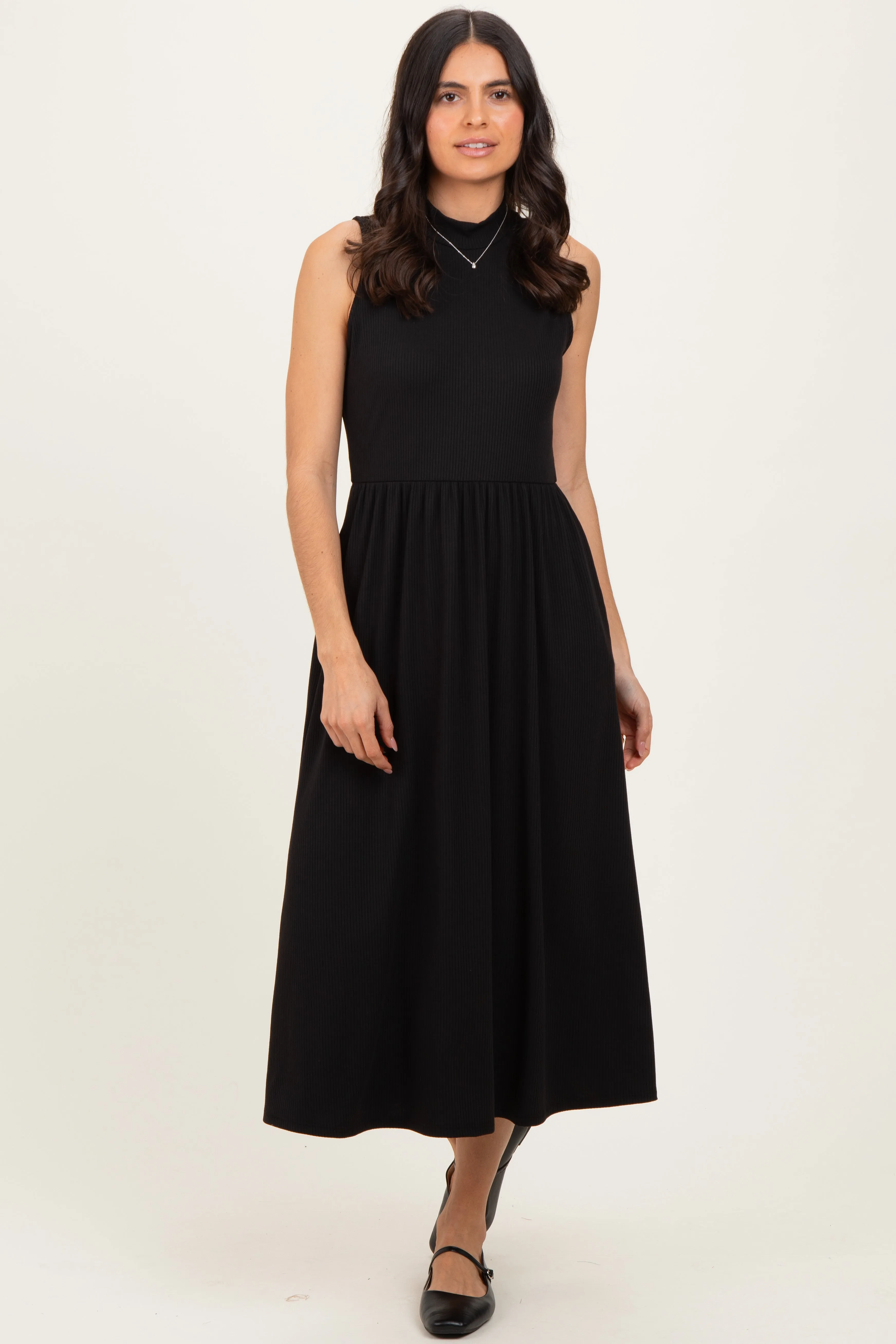 Black Ribbed Mock Neck Sleeveless Midi Dress sold by Pinkblush