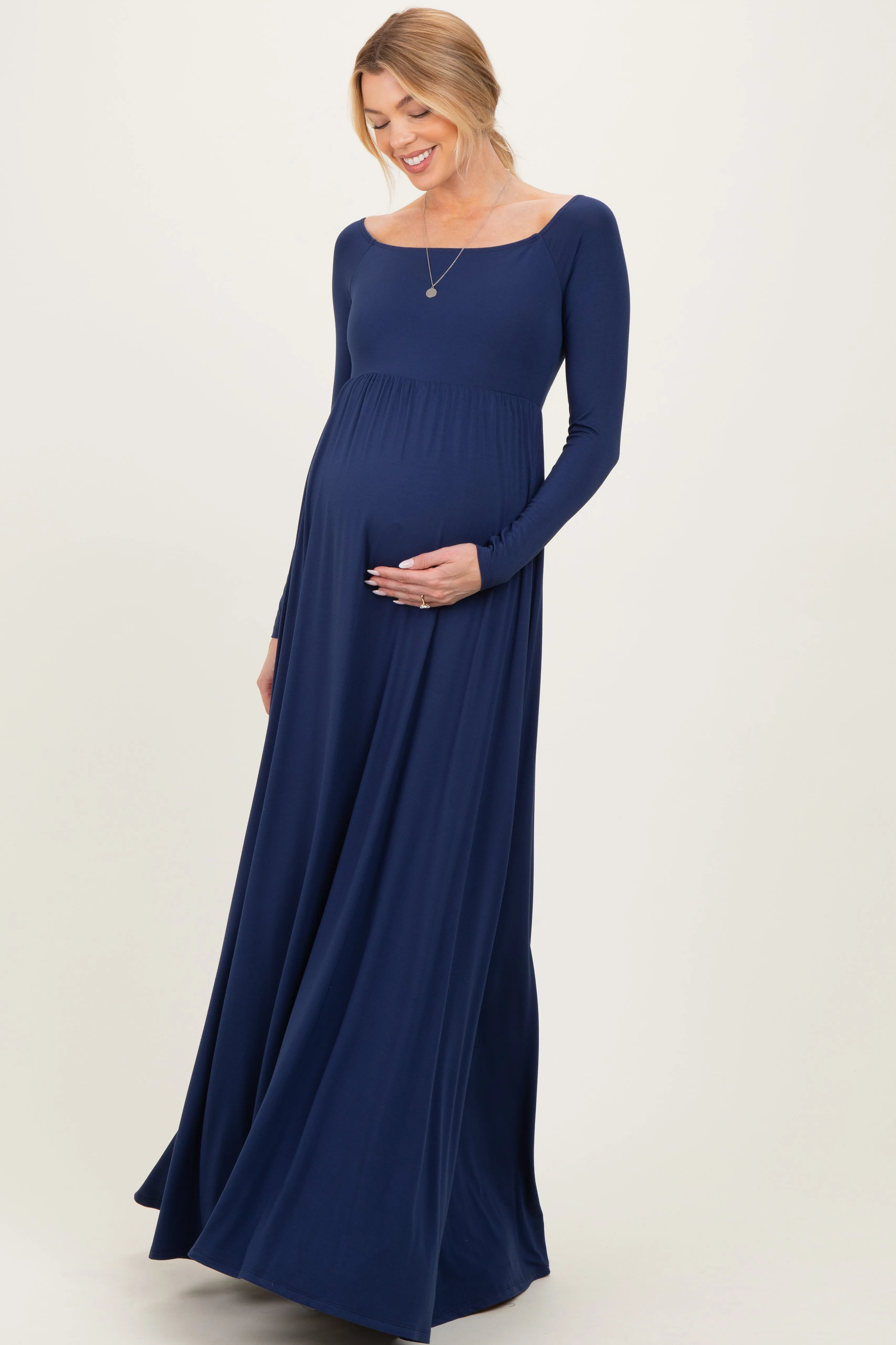 PinkBlush Navy Off Shoulder Maternity Maxi Dress sold by Pinkblush product image thumbnail 2