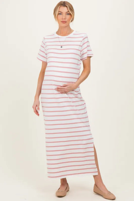 Peach Striped Side Slit Maternity Maxi Dress sold by Pinkblush