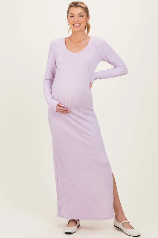 Lavender Ribbed Long Sleeve Side Slit Maternity Maxi Dress sold by Pinkblush