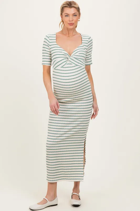 Cream/ Sage Striped Knit Short Sleeve Maternity Maxi Dress sold by Pinkblush