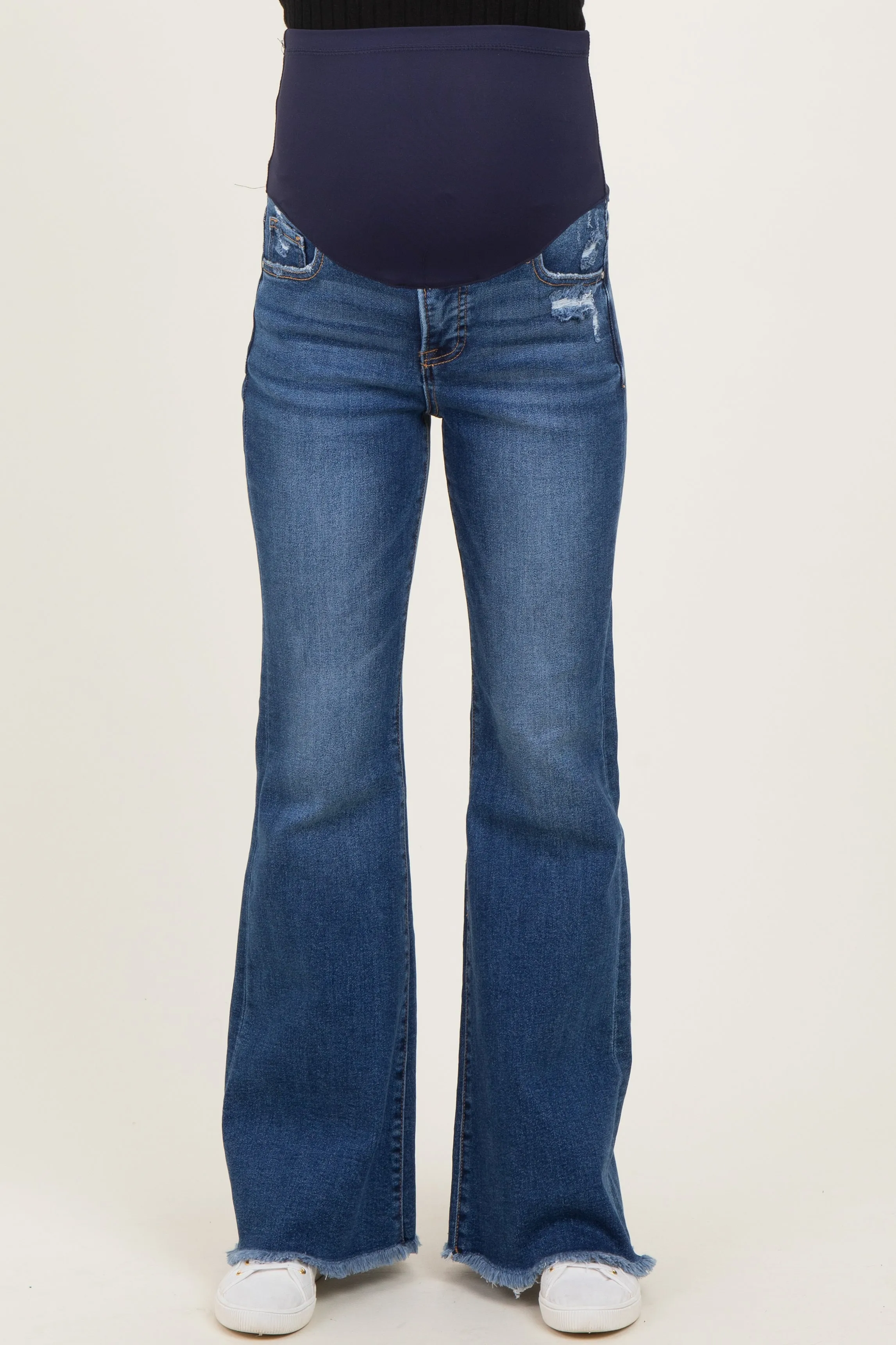 Navy Distressed Fringe Hem Maternity Flare Leg Jeans sold by Pinkblush product image thumbnail 2