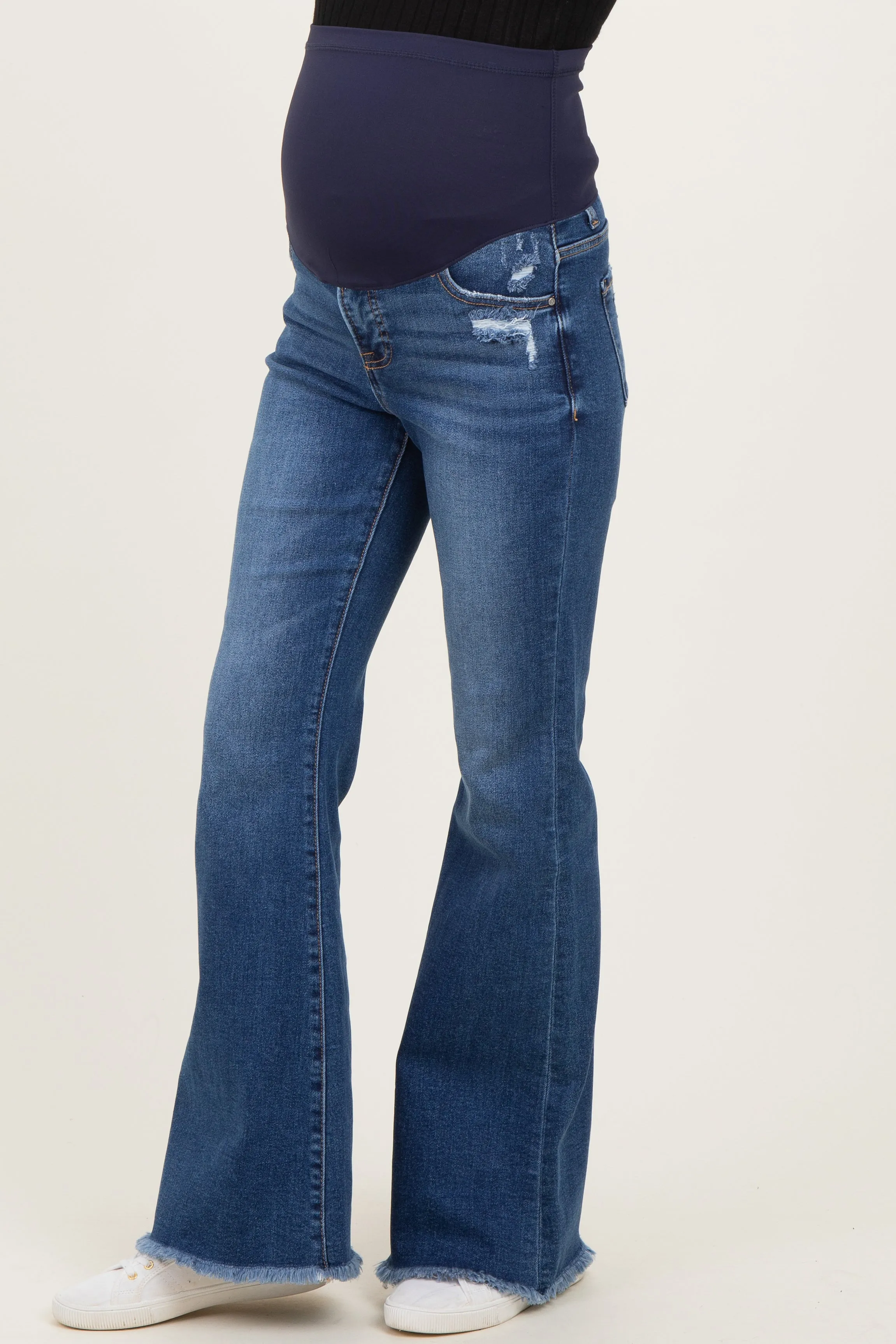 Navy Distressed Fringe Hem Maternity Flare Leg Jeans sold by Pinkblush product image thumbnail 3