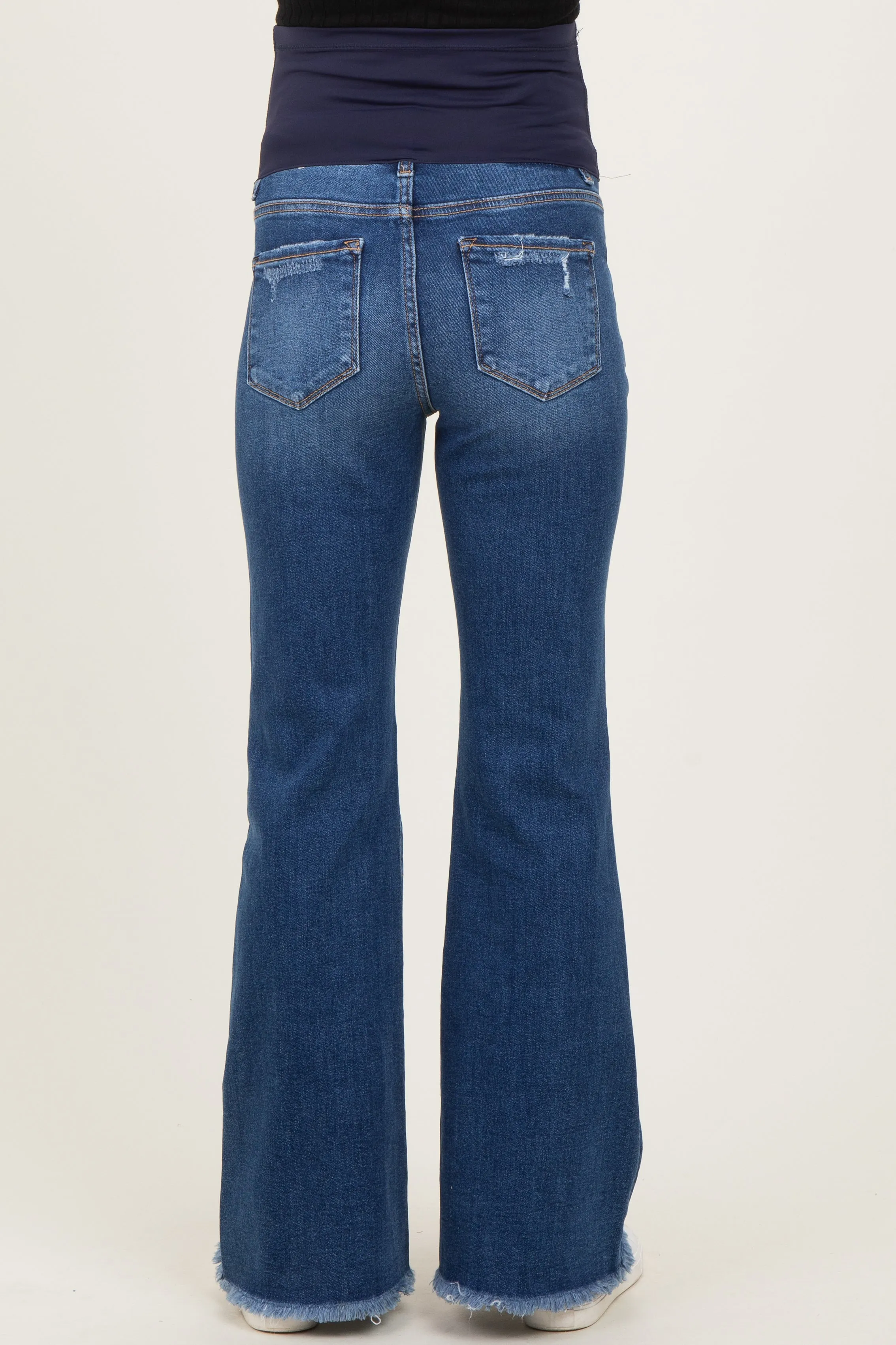 Navy Distressed Fringe Hem Maternity Flare Leg Jeans sold by Pinkblush product image thumbnail 4