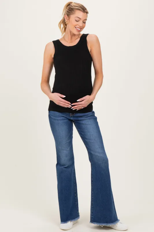 Navy Distressed Fringe Hem Maternity Flare Leg Jeans made by Pinkblush