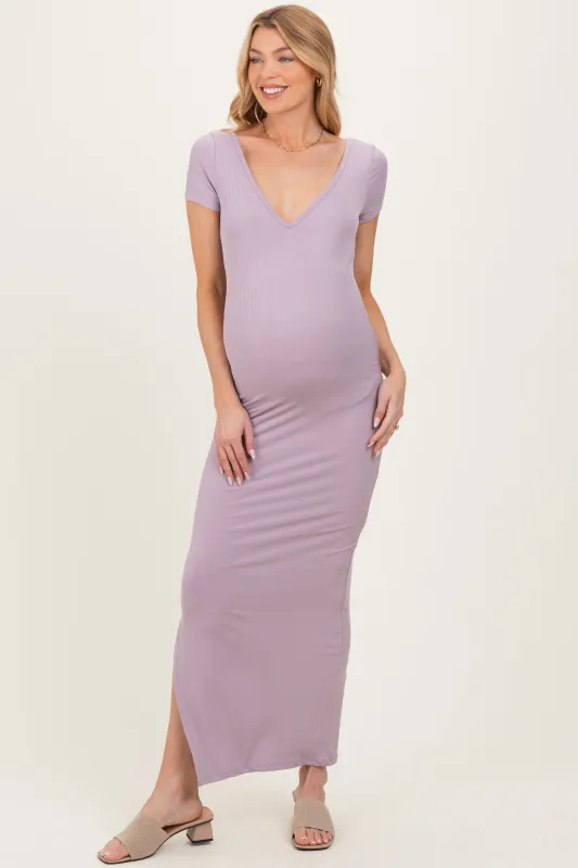 Lavender Basic Ribbed Side Slit Maternity Midi Dress sold by Pinkblush