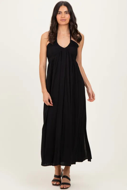 Black Halter Neck Side Slit Midi Dress sold by Pinkblush