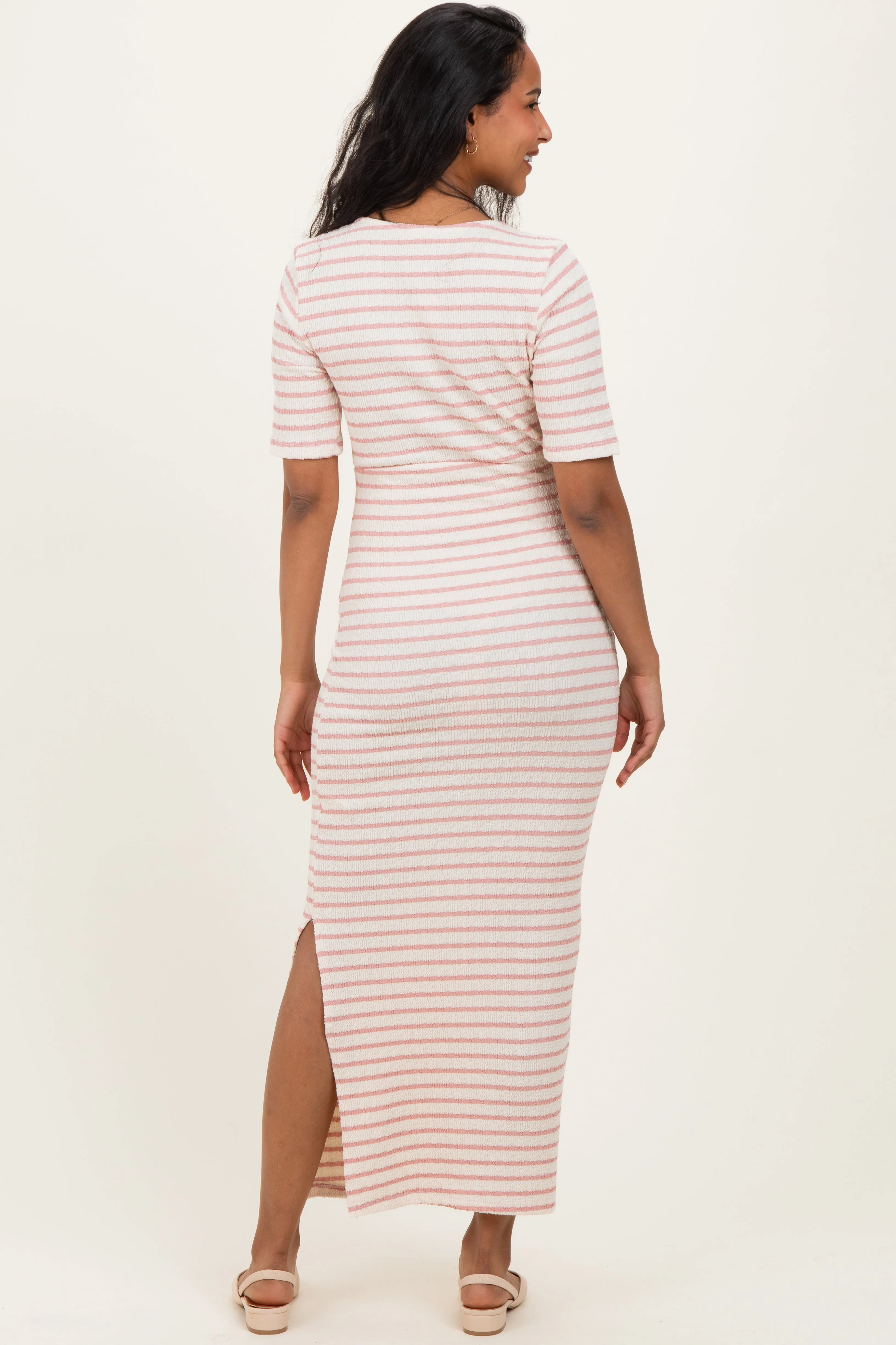 Cream/ Pink Striped Knit Short Sleeve Maternity Maxi Dress sold by Pinkblush product image thumbnail 3