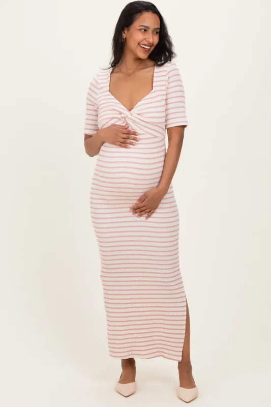 Cream/ Pink Striped Knit Short Sleeve Maternity Maxi Dress sold by Pinkblush