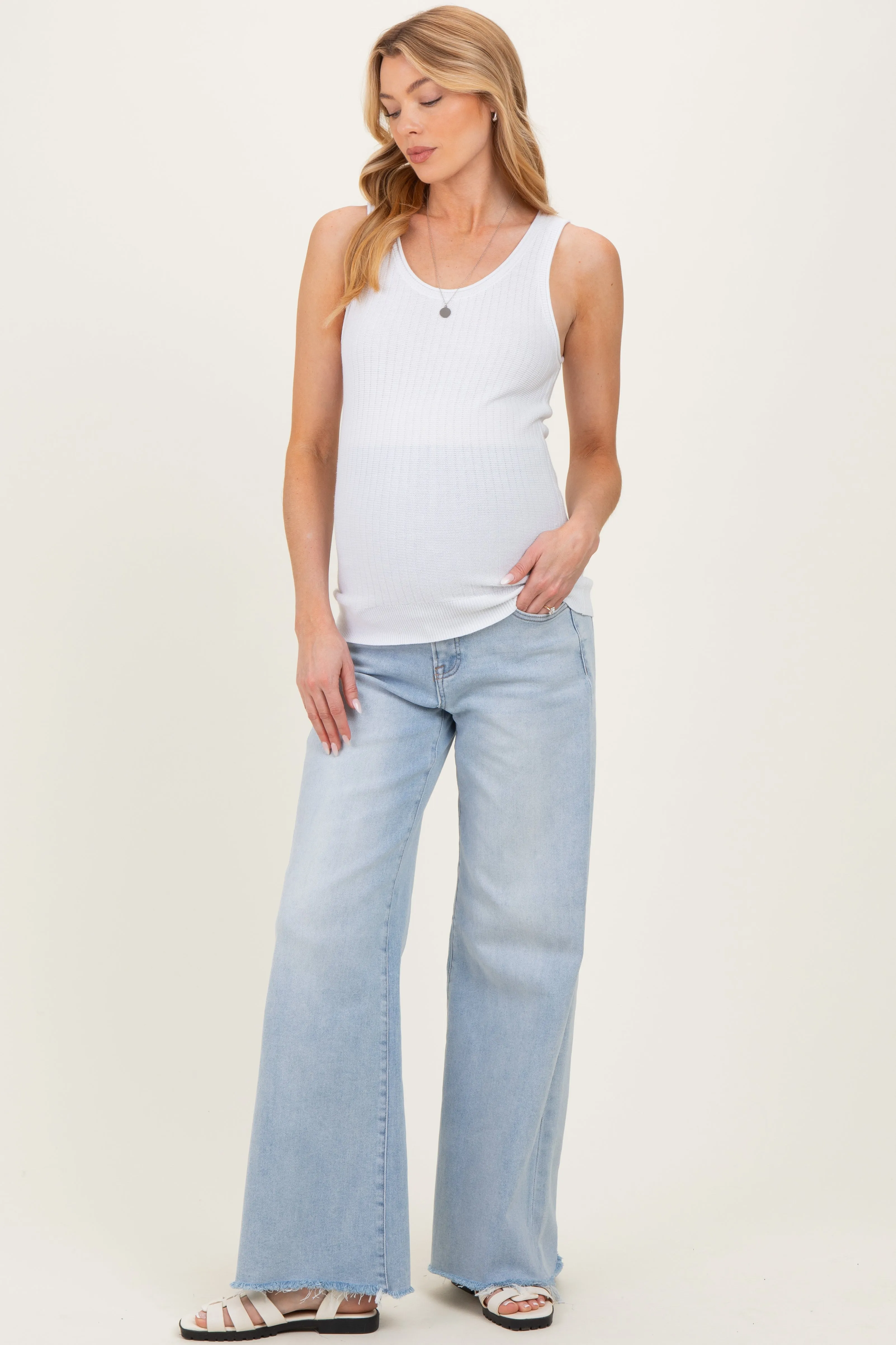 Light Blue Raw Hem Super Wide Leg Maternity Jeans sold by Pinkblush product image thumbnail 3