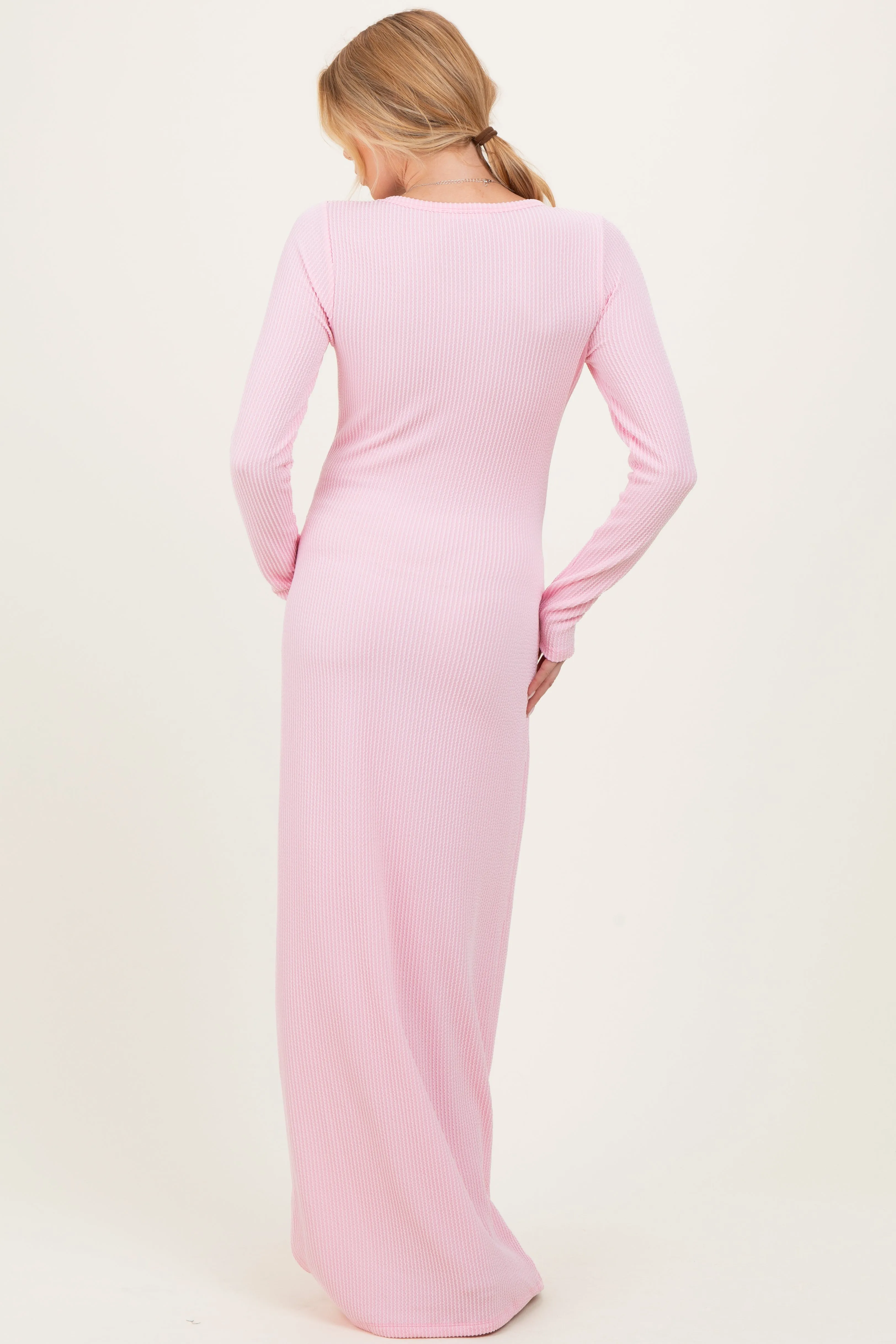 Light Pink Ribbed Long Sleeve Side Slit Maternity Maxi Dress sold by Pinkblush product image thumbnail 3