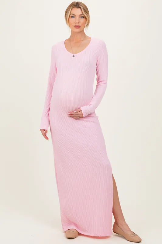 Light Pink Ribbed Long Sleeve Side Slit Maternity Maxi Dress sold by Pinkblush
