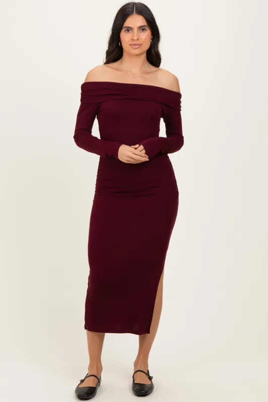 Wine Off Shoulder Ruched Side Slit Midi Dress sold by Pinkblush