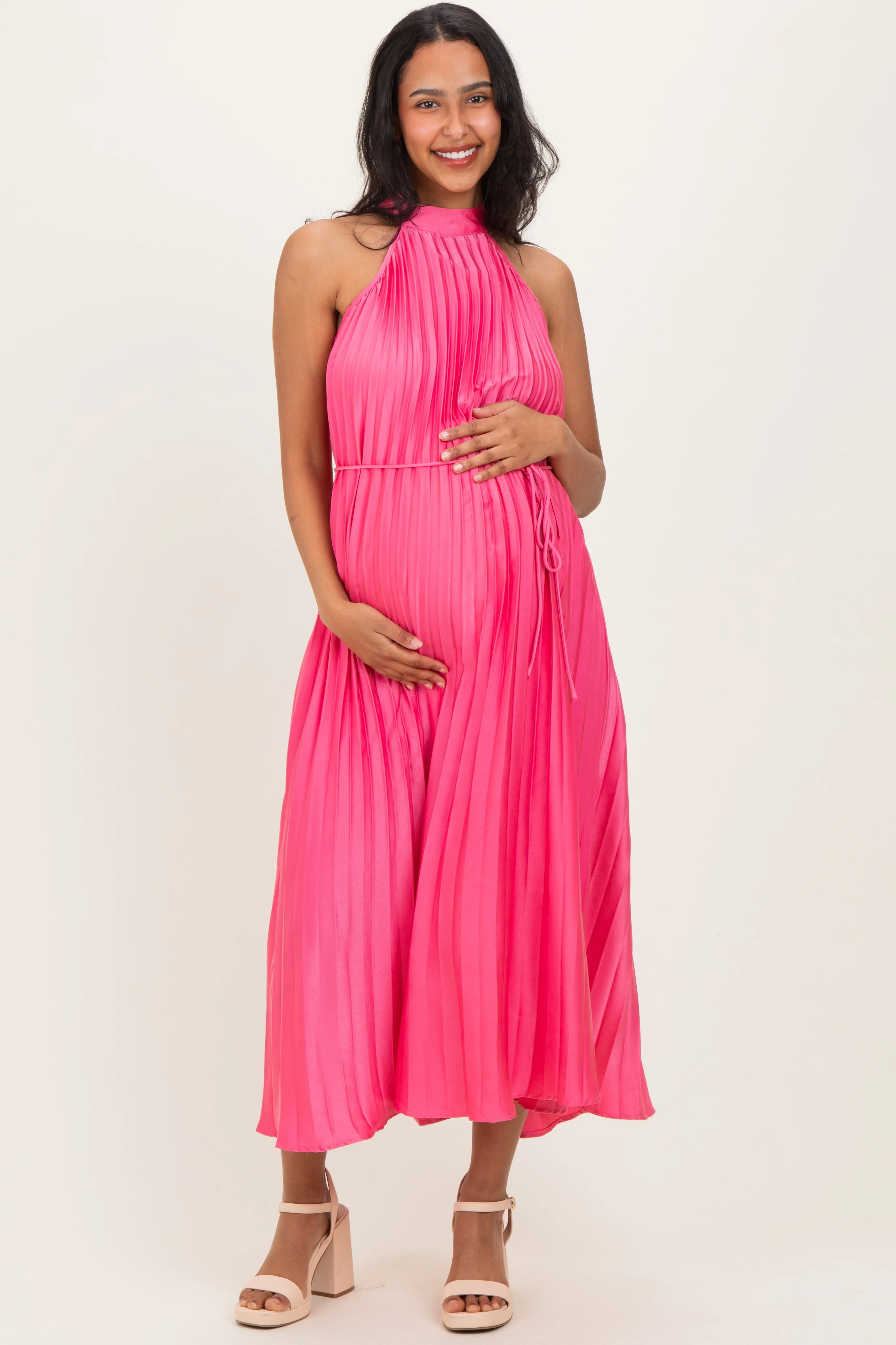 Fuchsia Pleated Maternity Halter Dress sold by Pinkblush
