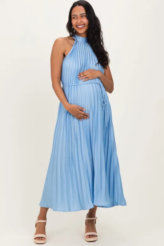 Light Blue Pleated Maternity Halter Dress sold by Pinkblush