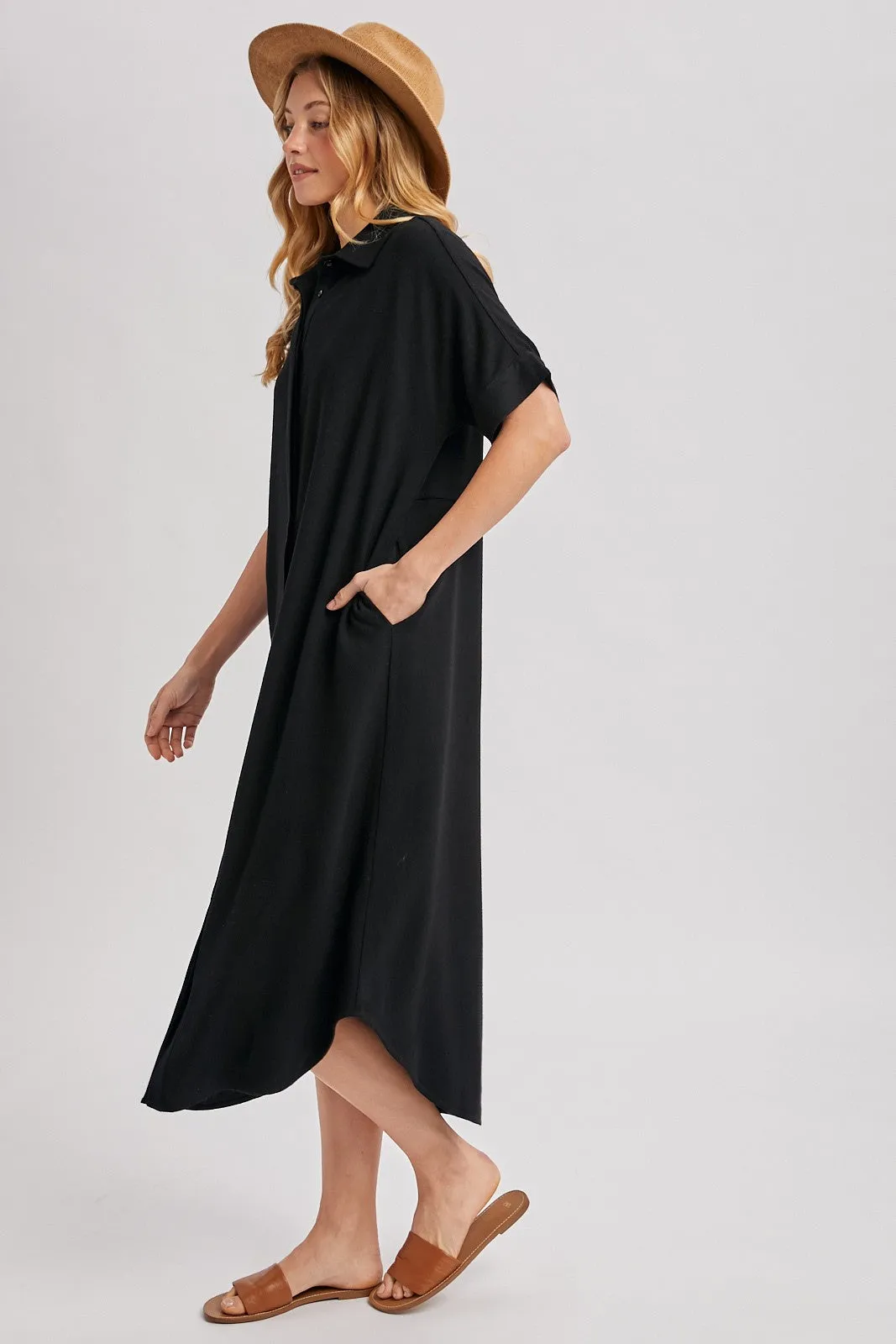 Black Button Down Midi Shirt Dress sold by Pinkblush product image thumbnail 3