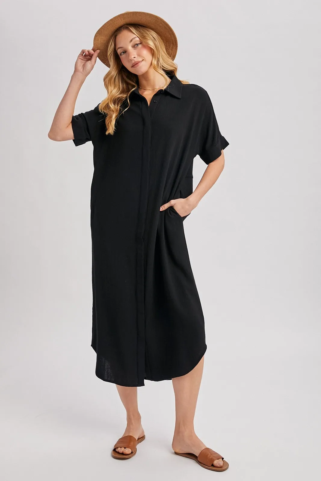 Black Button Down Midi Shirt Dress sold by Pinkblush product image thumbnail 2