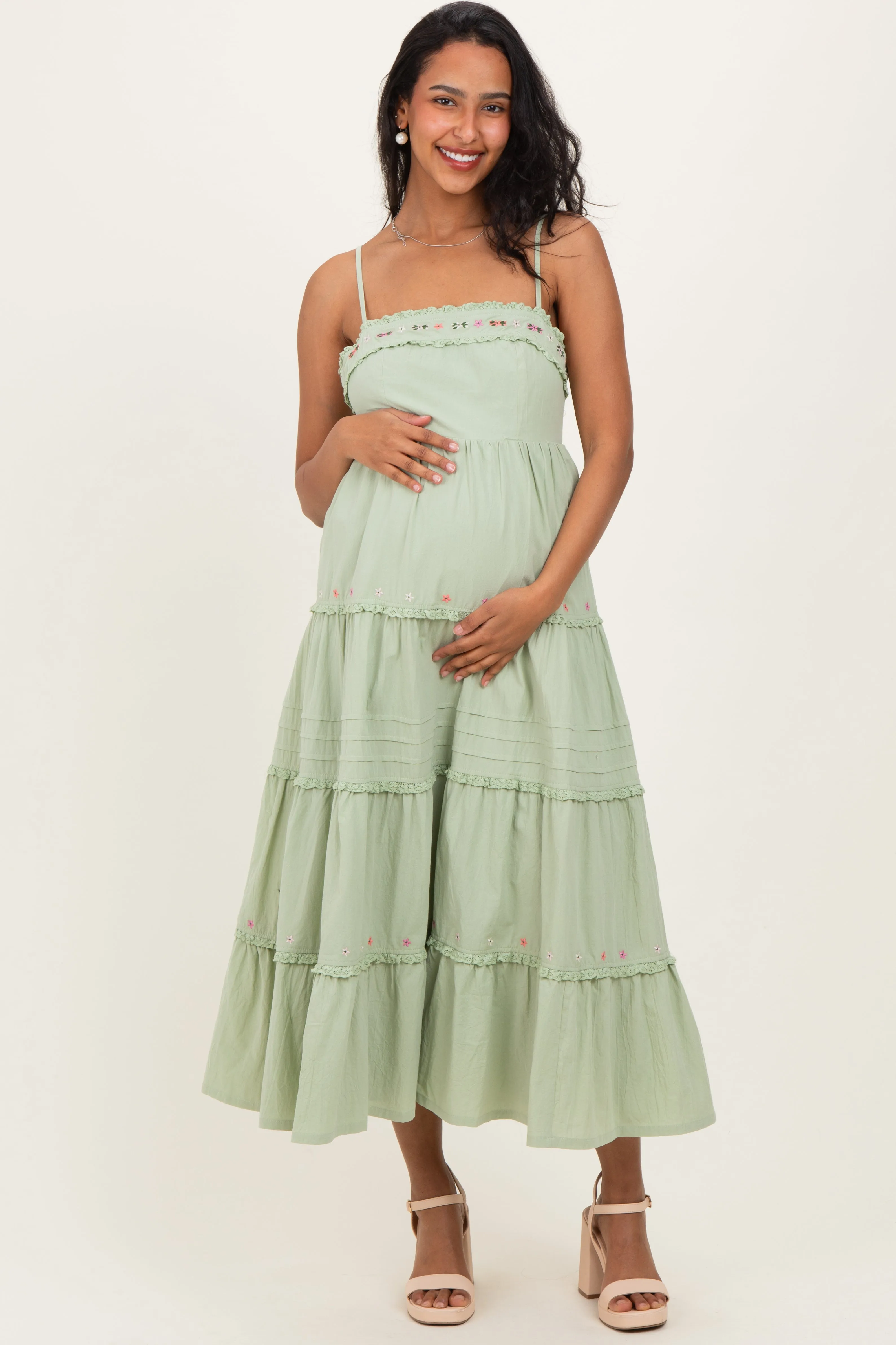 Sage Embroidered Ruffle Tiered Maternity Maxi Dress sold by Pinkblush
