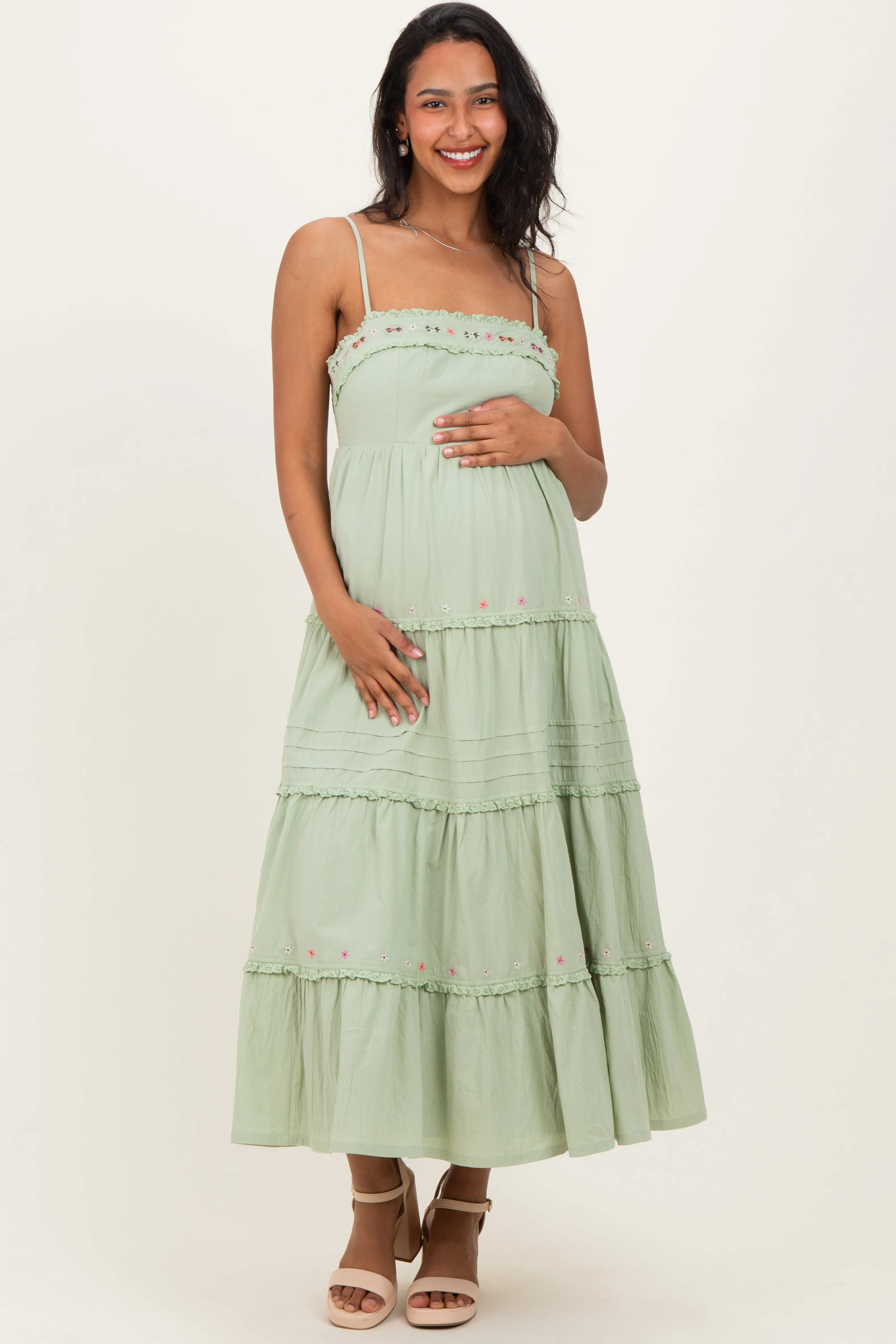 Sage Embroidered Ruffle Tiered Maternity Maxi Dress sold by Pinkblush product image thumbnail 2
