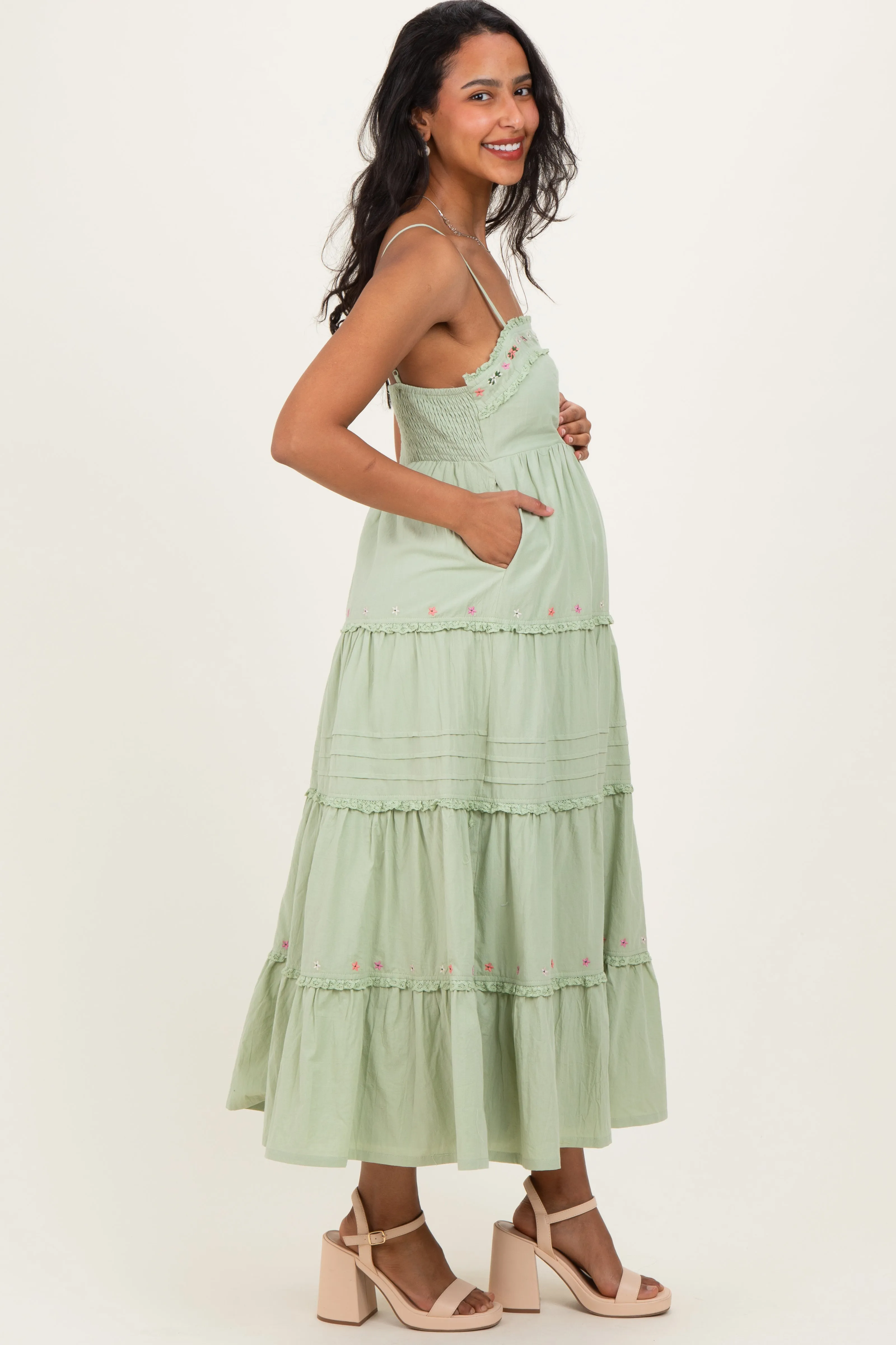 Sage Embroidered Ruffle Tiered Maternity Maxi Dress sold by Pinkblush product image thumbnail 3