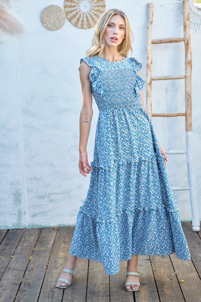 Blue Floral Tiered Maxi Dress sold by Pinkblush
