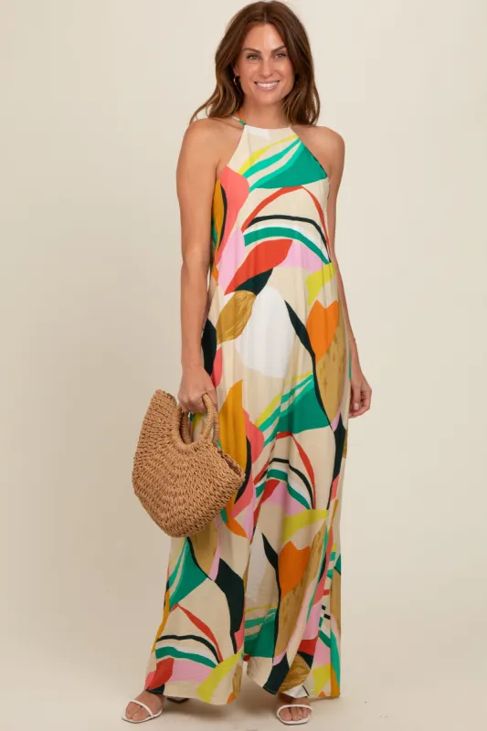 Multicolor Abstract Print Halter Maxi Dress sold by Pinkblush