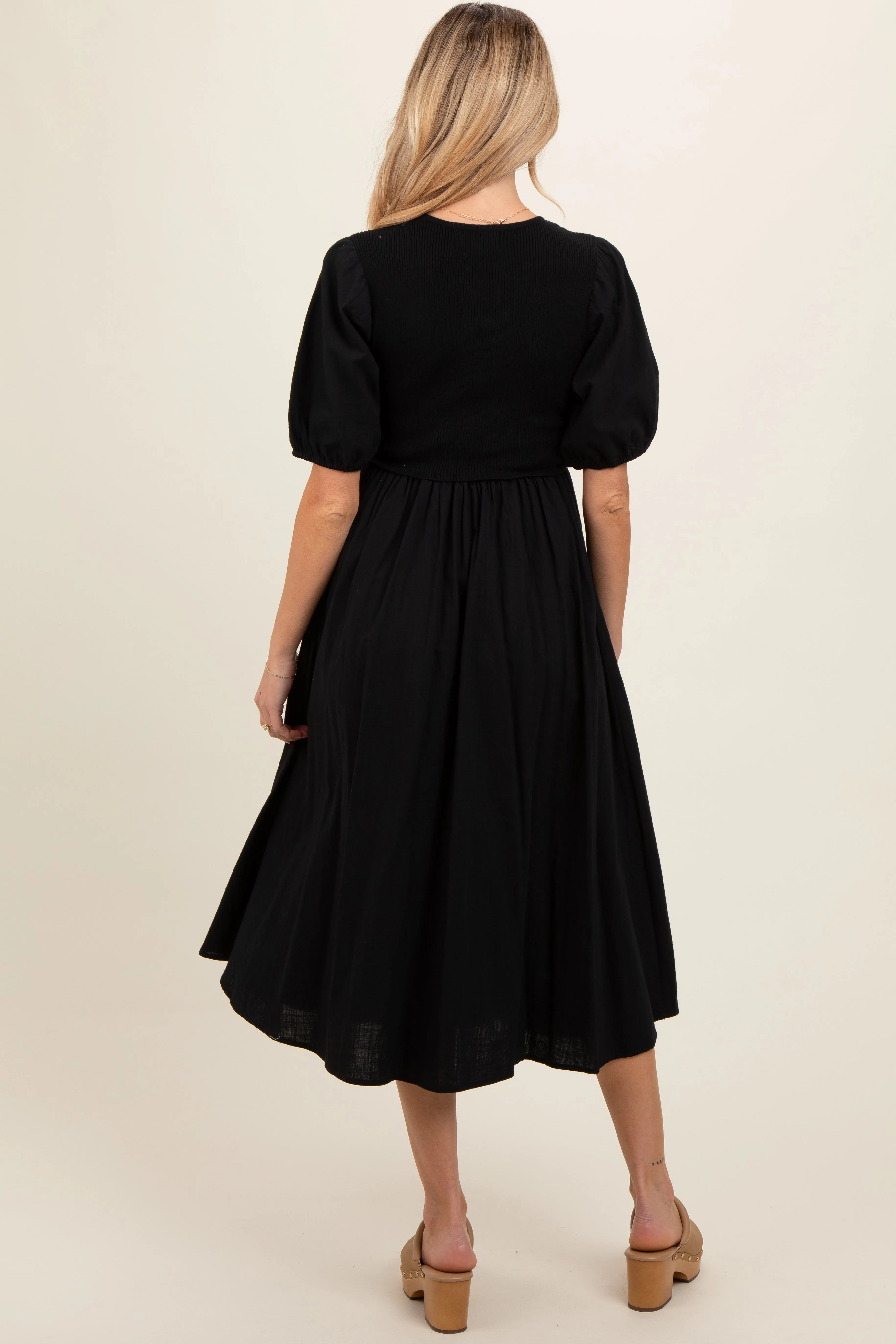 Black Ribbed Bodice Puff Sleeve Maternity Midi Dress sold by Pinkblush product image thumbnail 4