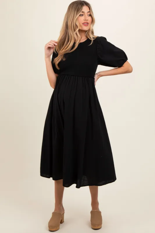 Black Ribbed Bodice Puff Sleeve Maternity Midi Dress sold by Pinkblush