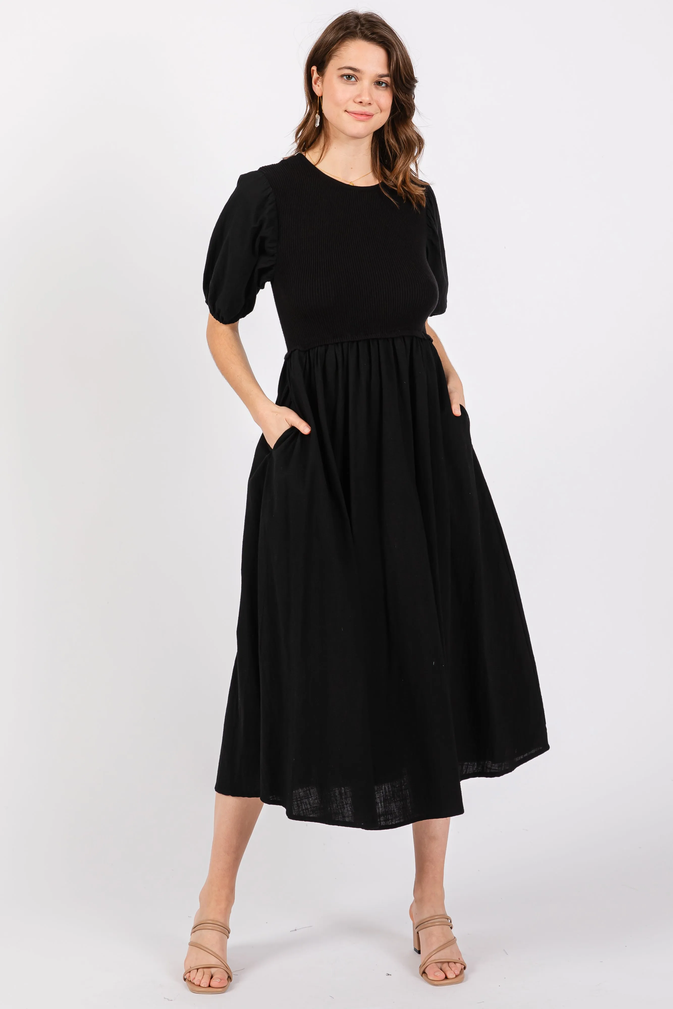 Black Ribbed Bodice Puff Sleeve Maternity Midi Dress sold by Pinkblush product image thumbnail 5