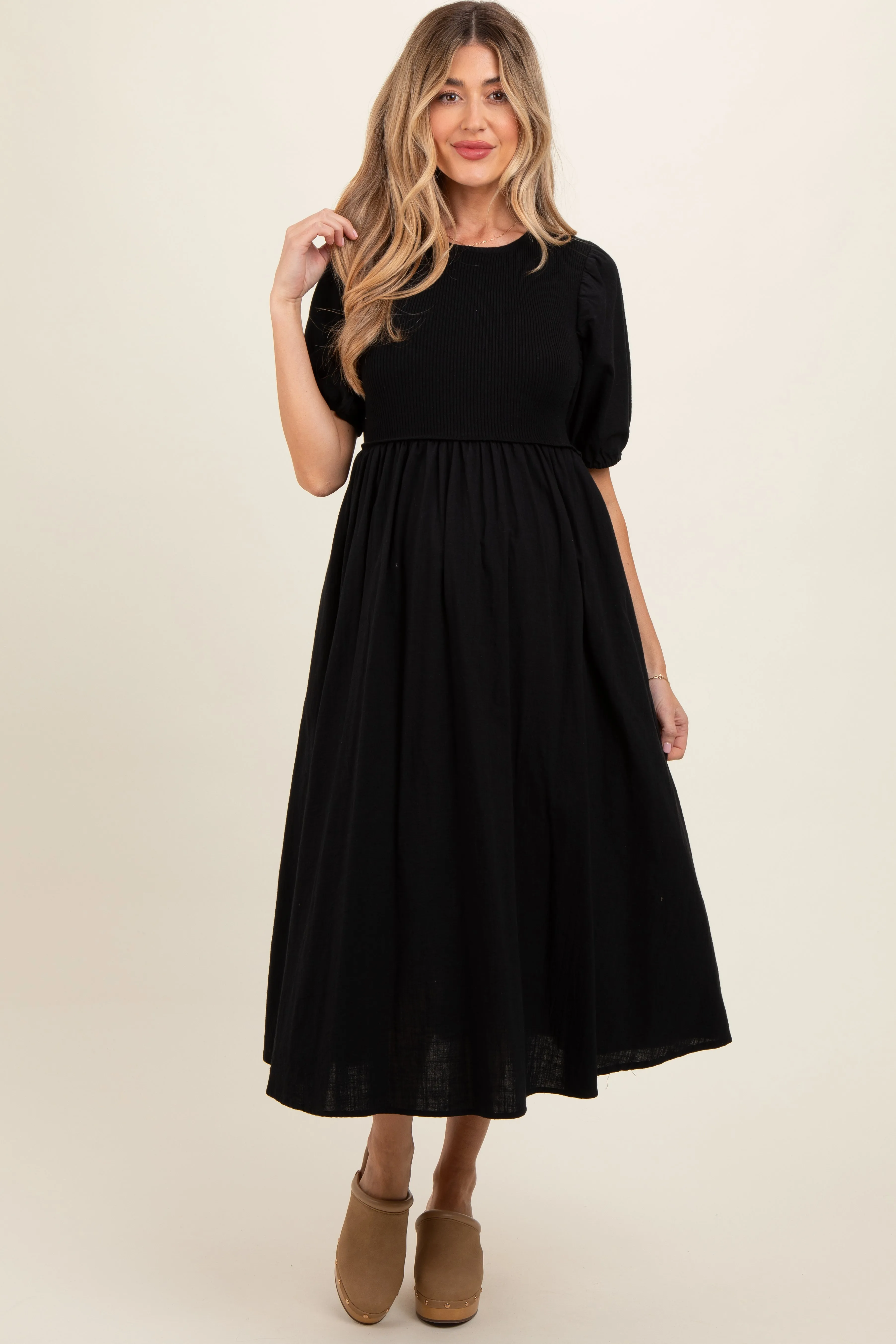 Black Ribbed Bodice Puff Sleeve Maternity Midi Dress sold by Pinkblush product image thumbnail 2