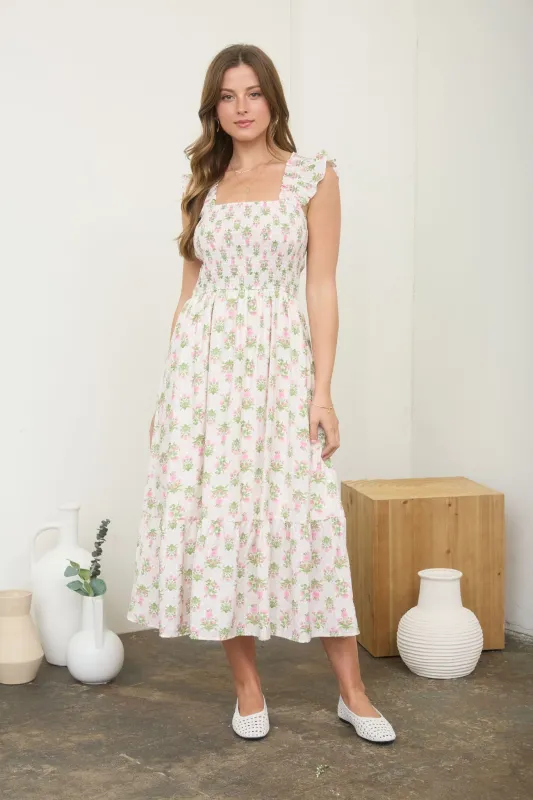 Pink Floral Smocked Sleeveless Midi Dress sold by Pinkblush
