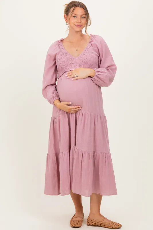Dusty Rose Smocked Long Sleeve Maternity Midi Dress sold by Pinkblush